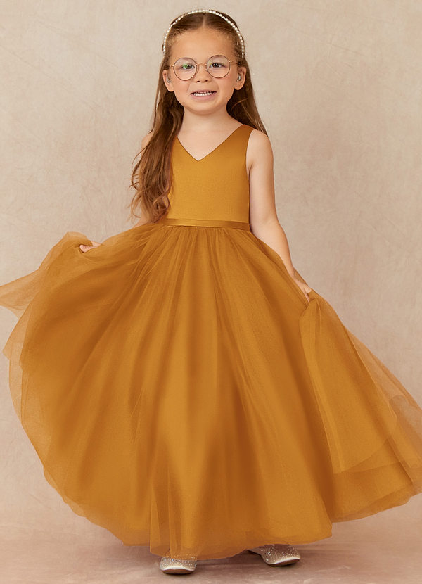 Azazie Marybell Flower Girl Dresses Butterscotch A-Line Bow Tulle Dress image1