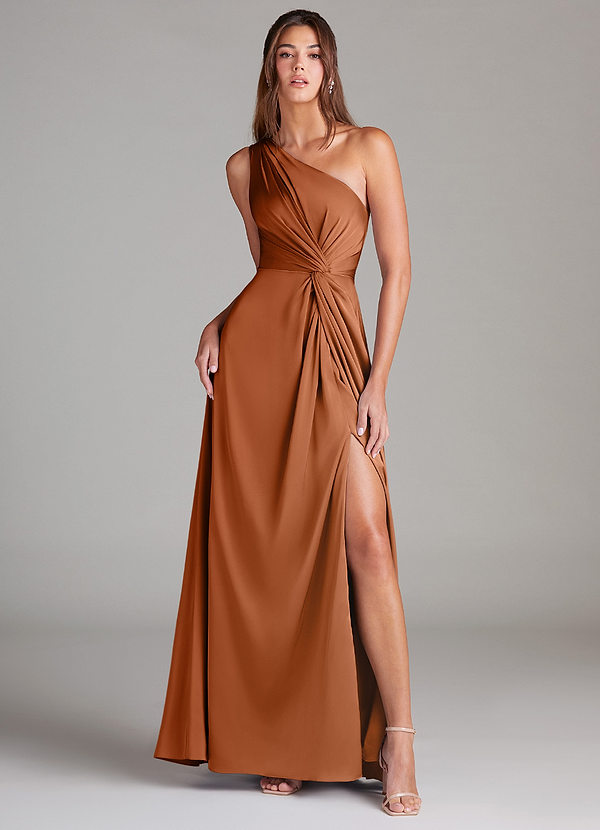 Azazie Brooke Bridesmaid Dresses Copper A-Line One Shoulder Stretch Satin Dress image1