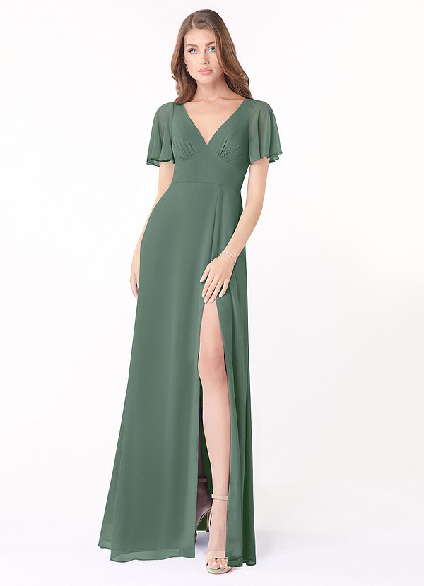 Azazie Kimber Bridesmaid Dresses Eucalyptus A-Line Flounce Sleeve Chiffon Dress image1