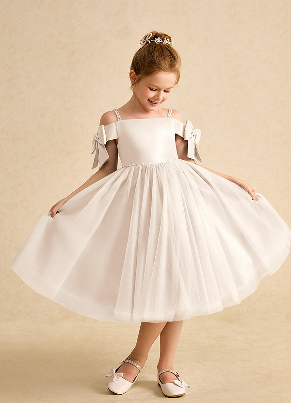 Azazie Amie Vestidos de Niña de Flores Vestido de Alabastro Blanco de Satin Mate de Corte En A con Vestidos sin tirantes image1