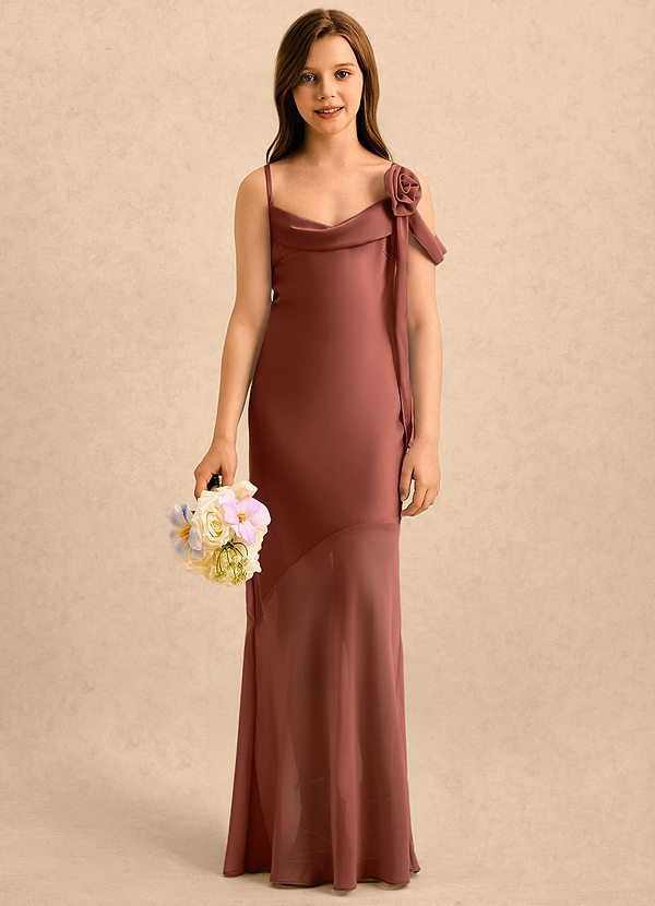 Azazie Kai Girls Formal Sukienki dla dziewczynek sypiących kwiaty Osłona Pofałdowany Satyna elastyczna Długość podłogi Sukienka image1