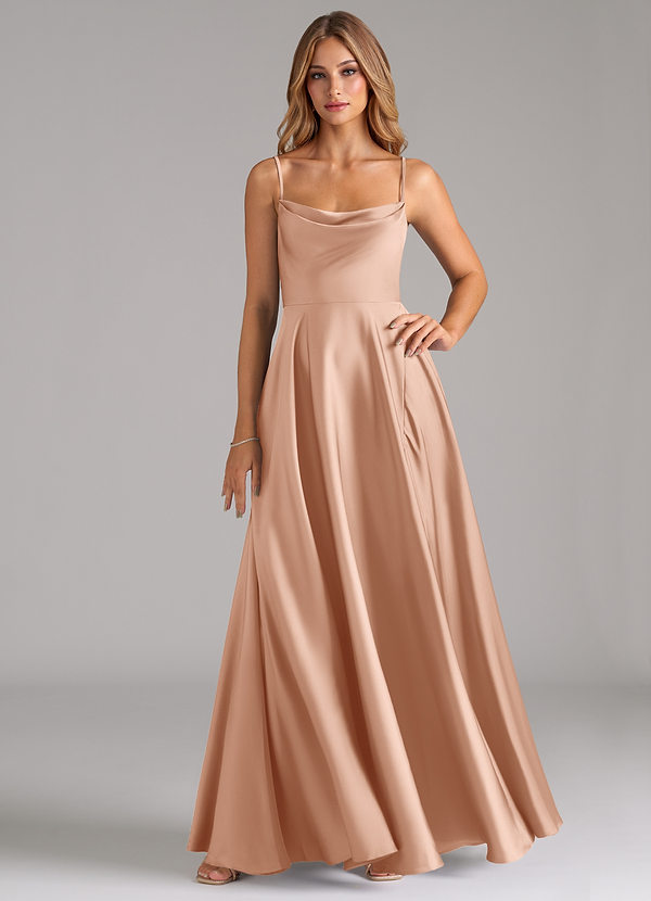 Azazie Elle Bridesmaid Dresses Rose Gold A-Line Pleated Stretch Satin Dress image1