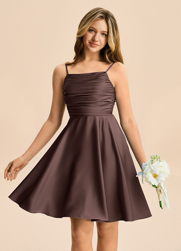 Azazie Miko Junior Vestido de Ganache de Satén Elástico de Corte en A con Plisado image1