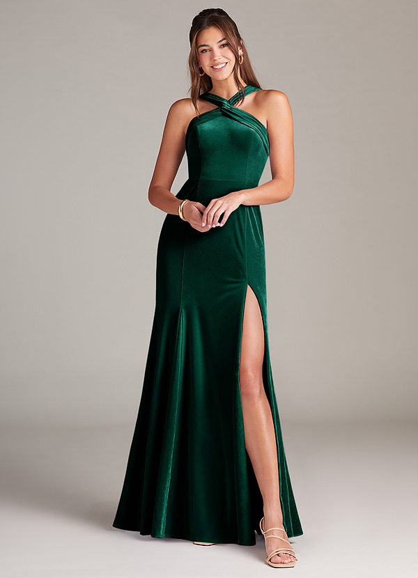 Azazie Rue Robes Demoiselle d'honneur Robe Trapèze en velours Plissée émeraude image1