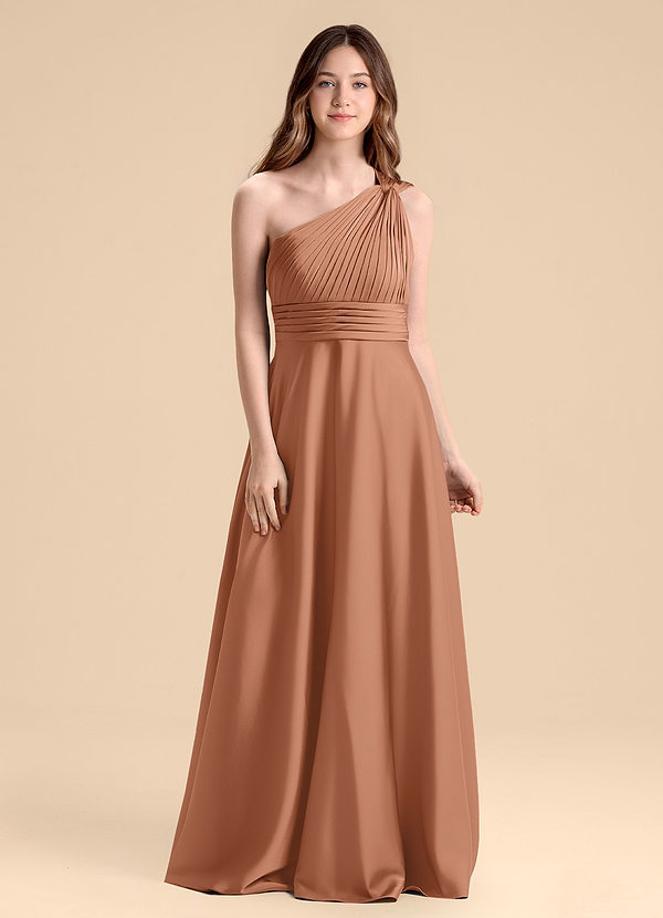 Azazie Charlize Junior Abito A-Line in Raso Elasticizzato Plissettato Bronzo image1