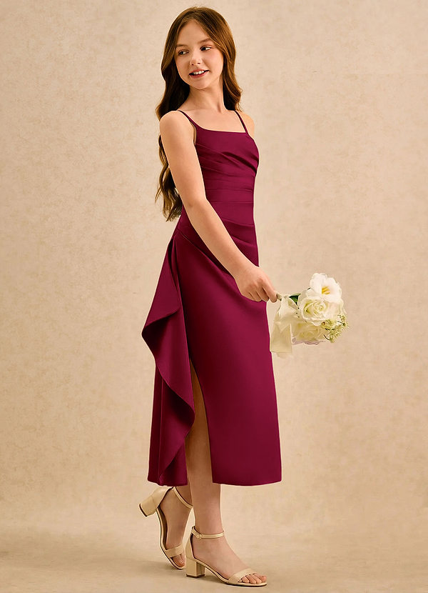 Azazie Canna Girls Formal Blomsterpigekjoler A-Line Plisseret Stræk satin Te-længde Kjole image1