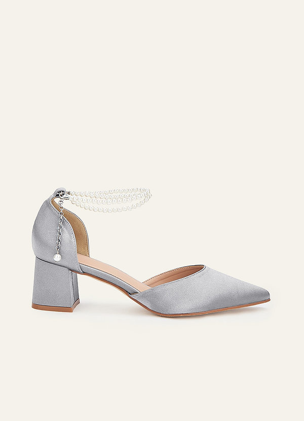 front Matching Color Metallic Satin Pearl Strap Pointed Toe Block Heels