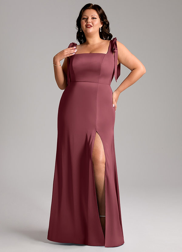 Azazie Frostine Bridesmaid Dresses Merlot A-Line Bow Stretch Satin Dress image1