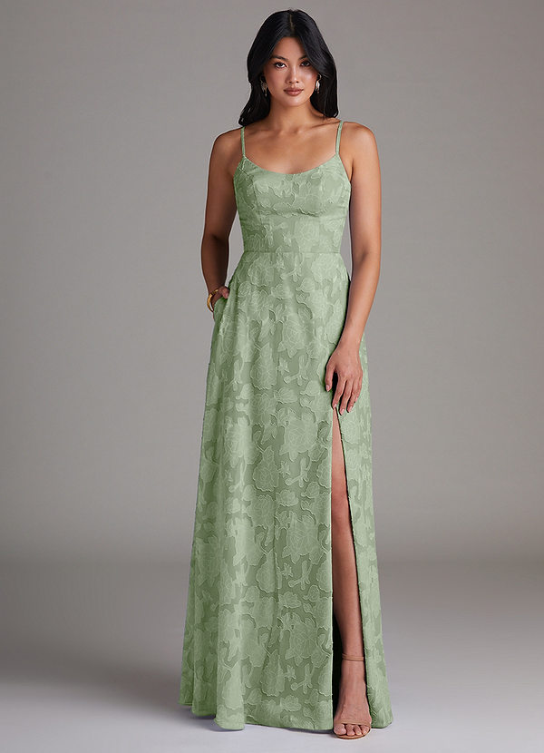 Azazie Moira Brautjungfernkleider A-Linie Seitliche Cut-Outs Blumen-Burnout Kleid Staubiger Salbeigrün image1