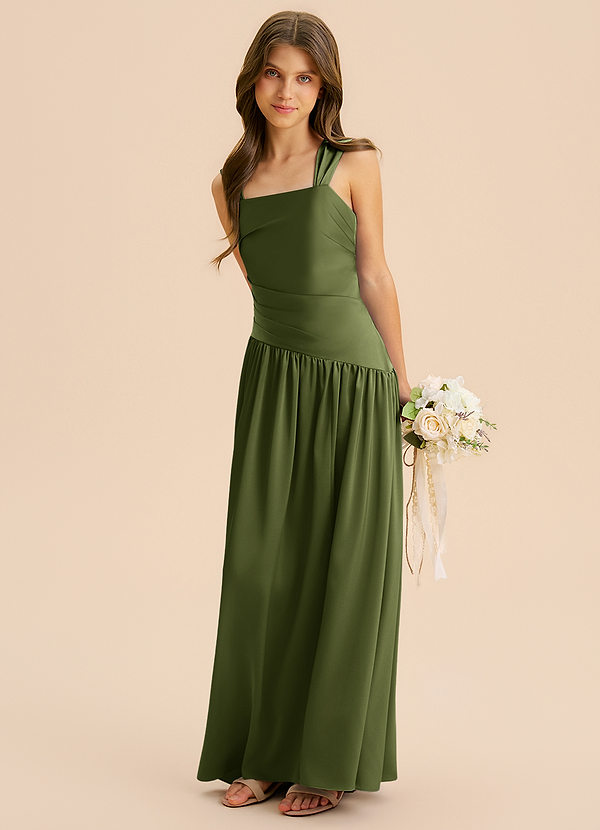 Azazie Dotty Junior A-Linie Plissee Stretch-Satin Kleid Olivgrün image1