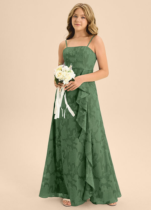 Azazie Kaylee Junior Eucalyptus A-Line with Belt Floral Burnout Dress image1