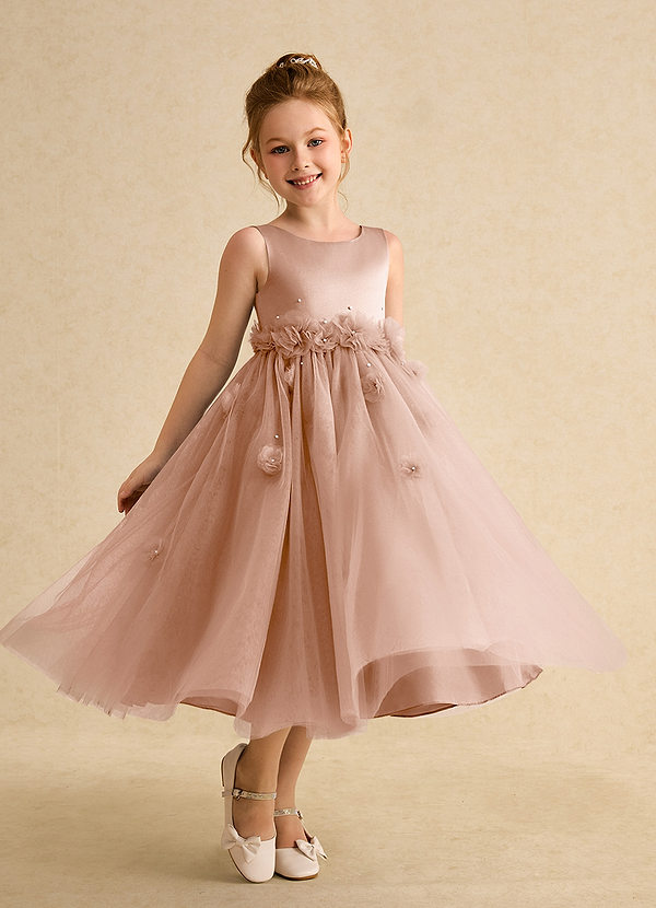 Azazie Lux Flower Girl Dresses Champagne Rose A-Line Beaded Tulle Dress image1