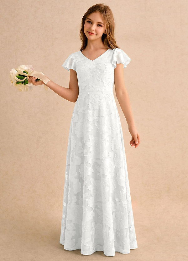 Azazie Narin Girls Formal Sukienki dla Dziewczynki Sypiącej Kwiaty Linia A z Rękawami Kwiatowe wypalenie Długość podłogi Sukienka image1