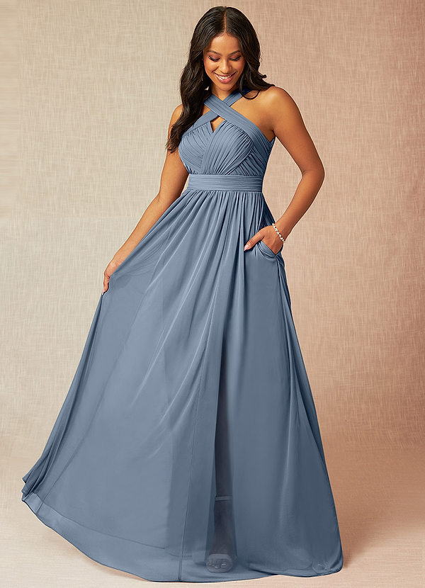 Azazie Hillian Bridesmaid Dresses Twilight A-Line Halter Pleated Mesh Dress image1
