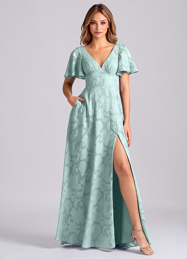 Azazie Kimber Bridesmaid Dresses Mist A-Line with Pockets Floral Burnout Dress image1