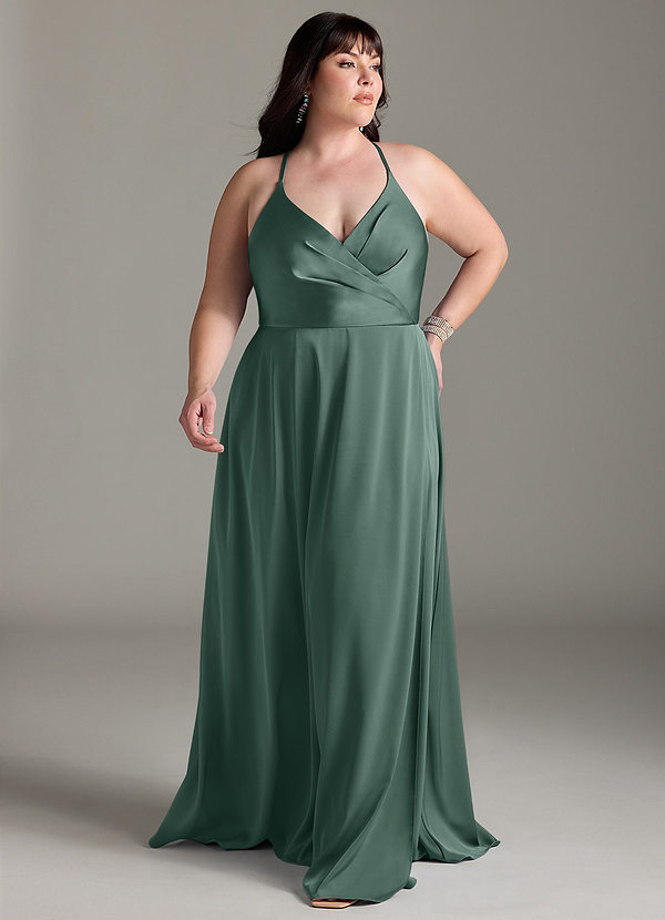 Azazie Davis Robes Demoiselle d'honneur Robe Trapèze en Satin extensible Plissée Eucalyptus image1