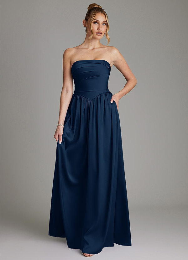 Azazie Zena Bridesmaid Dresses Dark Navy A-Line Strapless Stretch Satin Dress image1