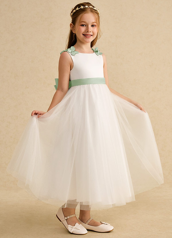 Azazie Lilli Robes de Fillette d'Honneur Robe Trapèze en Tulle Arc Ivoire Sauge Poussiéreuse image1