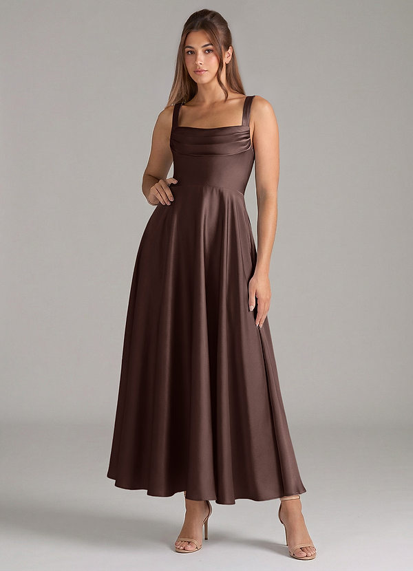 Azazie Shaude Bridesmaid Dresses Ganache A-Line Pleated Stretch Satin Dress image1