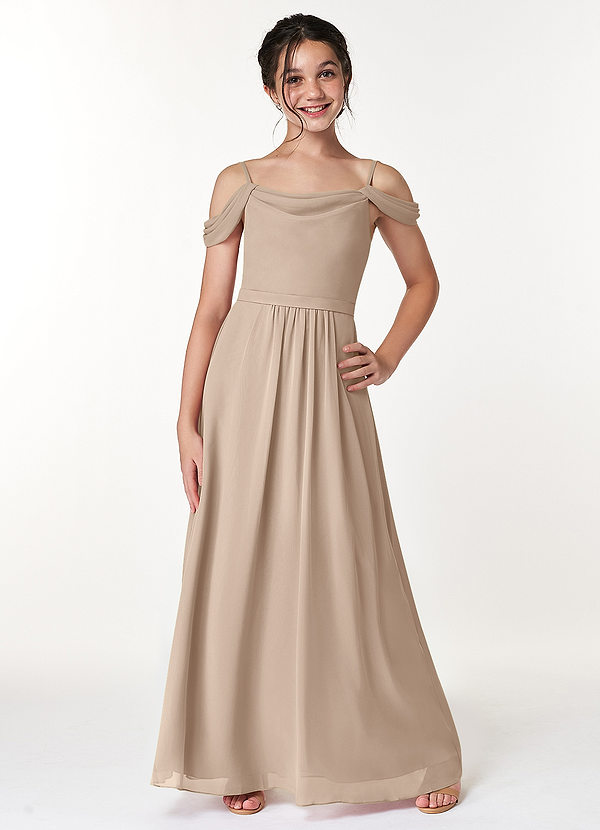 Azazie Alivia Junior Taupe A-Line Off the Shoulder Chiffon Dress image1