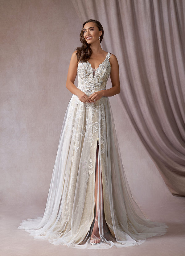 Azazie Jasmina Wedding Dresses A-Line Sequins Tulle Sweep Train Dress image1
