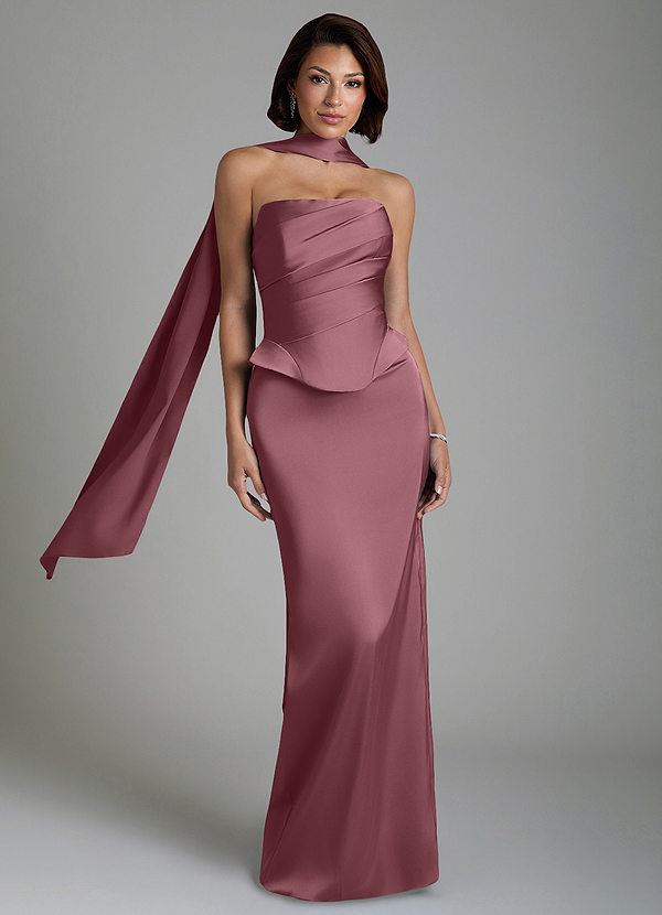 Azazie Harlow Vestidos de dama de honor Vestido Rosa Del Desierto de Satén Elástico de Corte Recto con Corsé image1