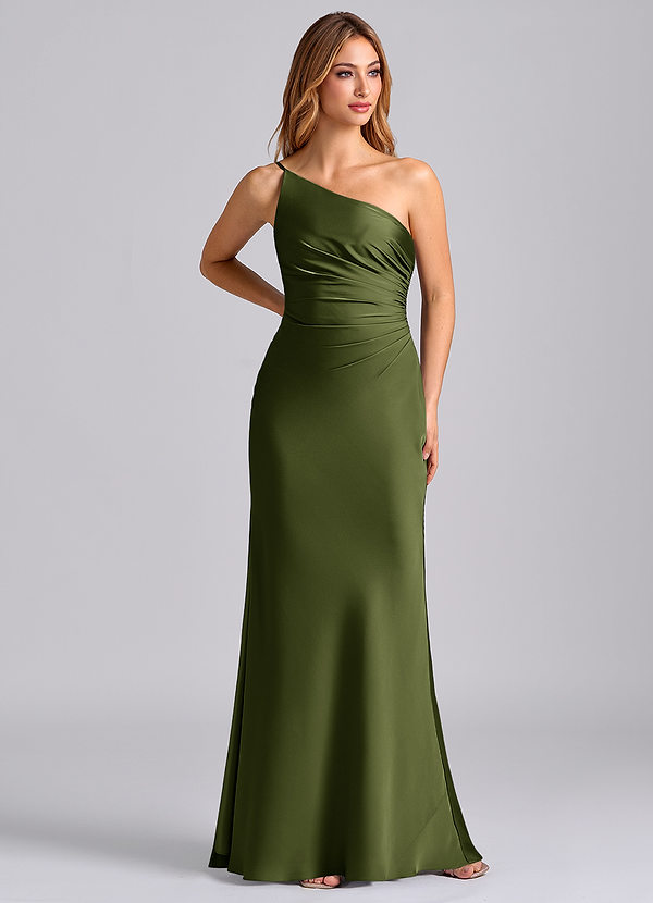 Azazie Marseli Robes Demoiselle d'honneur Robe Sirène en Satin extensible Une épaule Olive image1