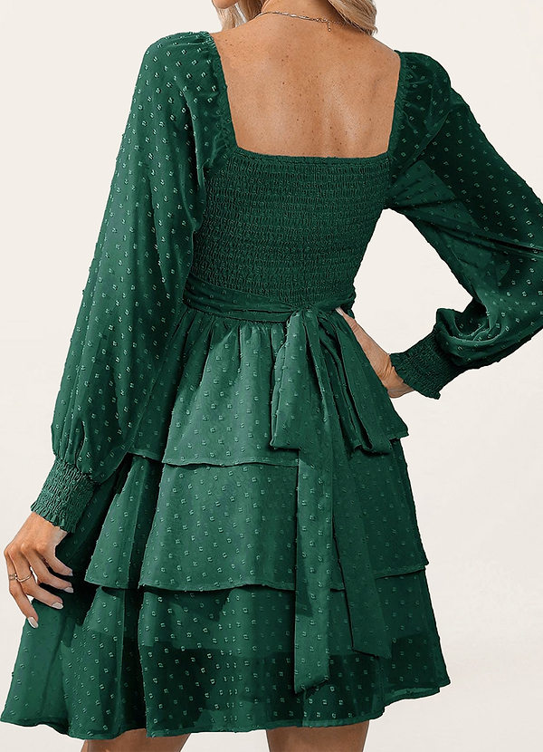 back Arkadien Dunkelsmaragd Langärmliges, gestuftes Minikleid mit Swiss Dot-Motiv