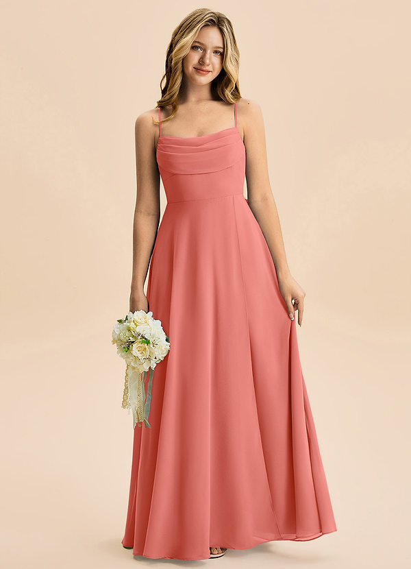 Azazie Bear Junior Vestido de Rosa Salmón de Gasa de Corte en A con Plisado image1