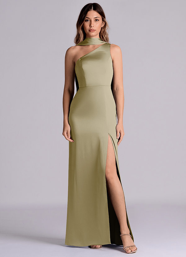 Azazie Philana Brautjungfernkleider A-Linie One-Shoulder Stretch-Satin Kleid Moosgrün image1