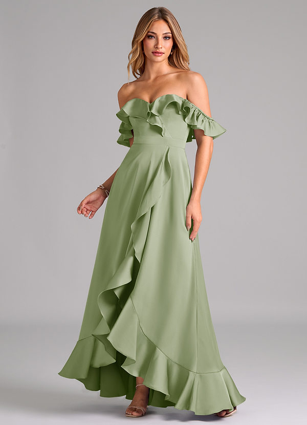 Azazie Lyra Bridesmaid Dresses Dusty Sage A-Line Off the Shoulder Stretch Satin Convertible Dress image1