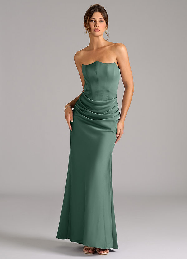 Azazie Debby Bruidsmeisjes Jurken Converteerbaar Jurk van Stretch Satijn met Zeemeermin Strapless Eucalyptus image1