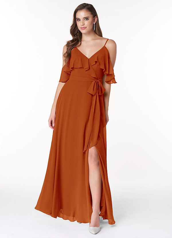 Azazie Vianna Bridesmaid Dresses Paprika A-Line V-neck Ruched Chiffon Dress image1