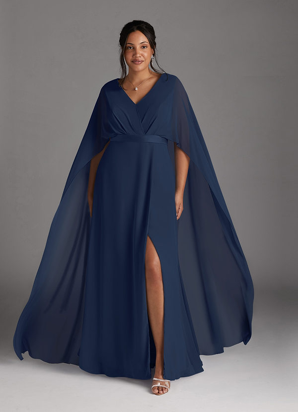 Azazie Isa Mother of the Brides Dresses Dark Navy A-Line V-Neck Pleated Chiffon Dress image1