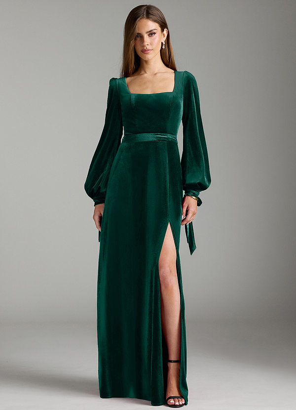 Azazie Leonia Bridesmaid Dresses Emerald A-Line Long Sleeve Velvet Dress image1