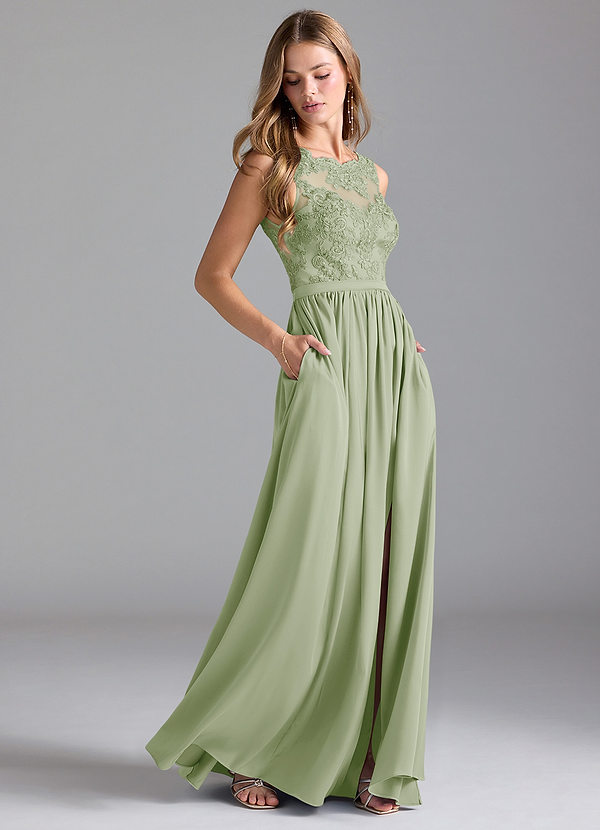 Azazie Elly Bridesmaid Dresses Dusty Sage A-Line Lace Stretch Satin Dress image1