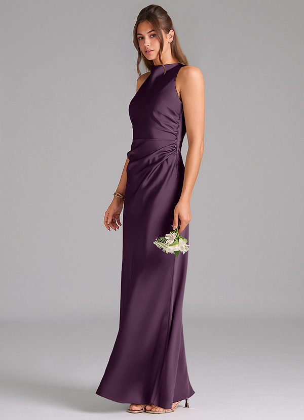 Azazie Evadne Bridesmaid Dresses Plum Sheath Pleated Stretch Satin Dress image1