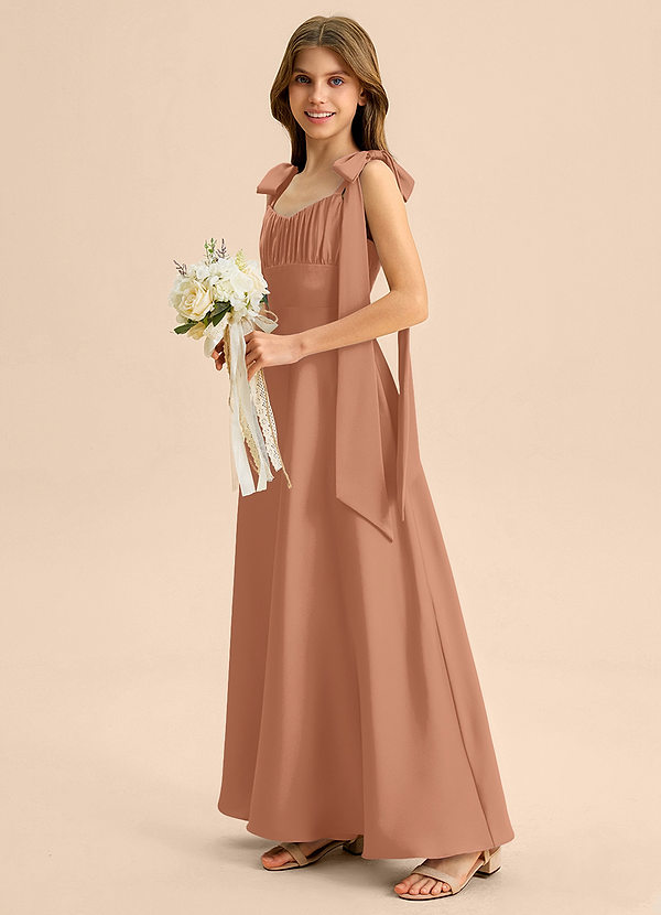 Azazie Halley Junior Abito A-Line in Raso Elasticizzato Fiocco Bronzo image1