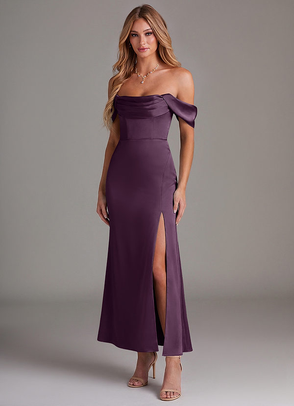 Azazie Saige Bridesmaid Dresses Plum Mermaid Off the Shoulder Stretch Satin Dress image1
