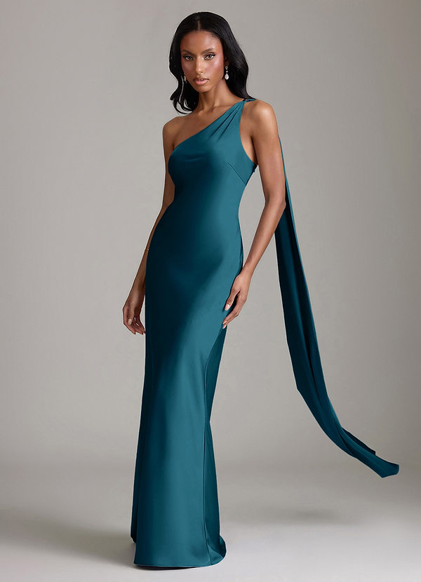 Azazie Galinda Brudtärneklänningar Klä av Sjöjungfru i Stretch Satin Ena axeln Bläckblå image1