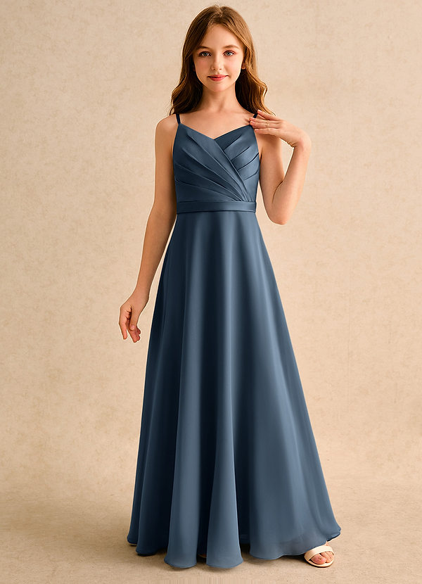 Azazie Umina Girls Formal Bloemenmeisjes Jurken A-Lijn Jurk van Mat Satijn Geplooid Neptunus image1