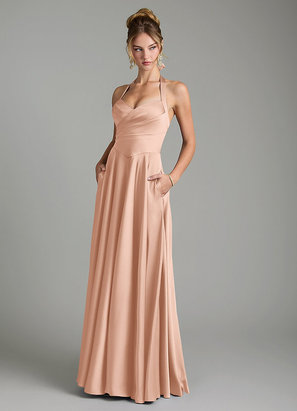 Azazie Tenaya Bridesmaid Dresses Rose Gold A-Line Sweetheart Neckline Stretch Satin Dress image1
