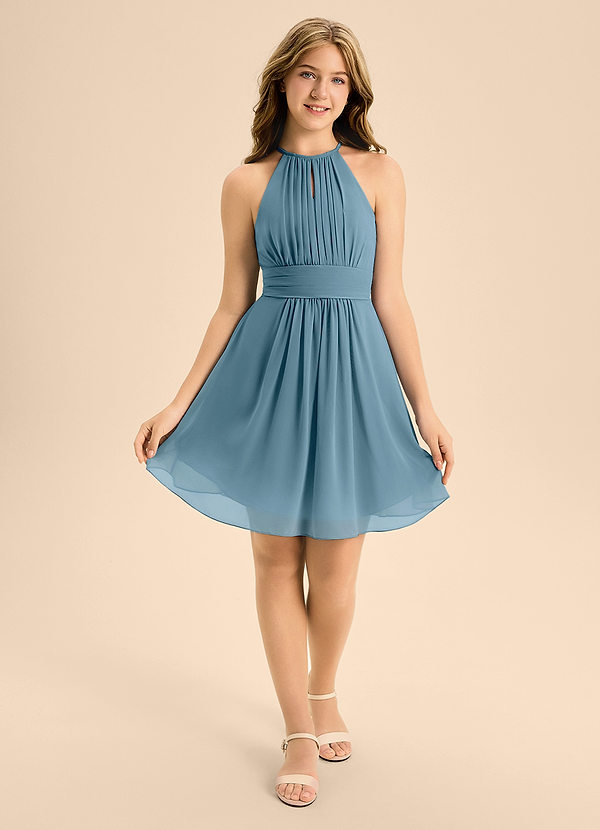 Azazie Bonnie Junior A-Linie Plissee Chiffon Kleid Bermudablau image1