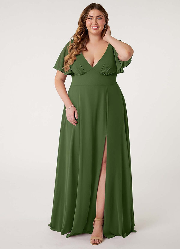 Azazie Kimber Bridesmaid Dresses Olive A-Line Flounce Sleeve Chiffon Dress image1