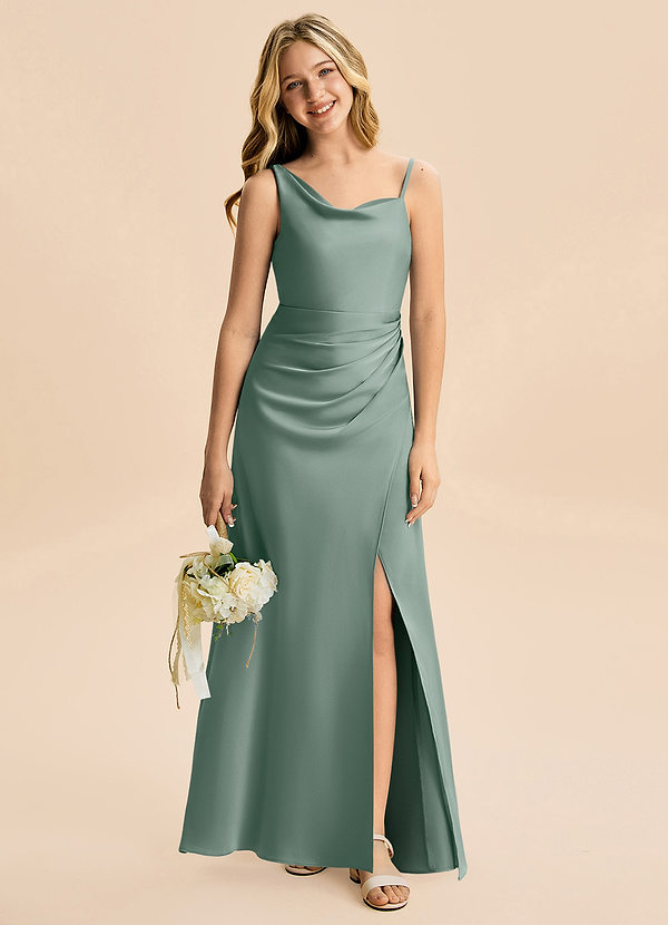 Azazie Abby Junior Silver Sage Sheath Pleated Stretch Satin Dress image1