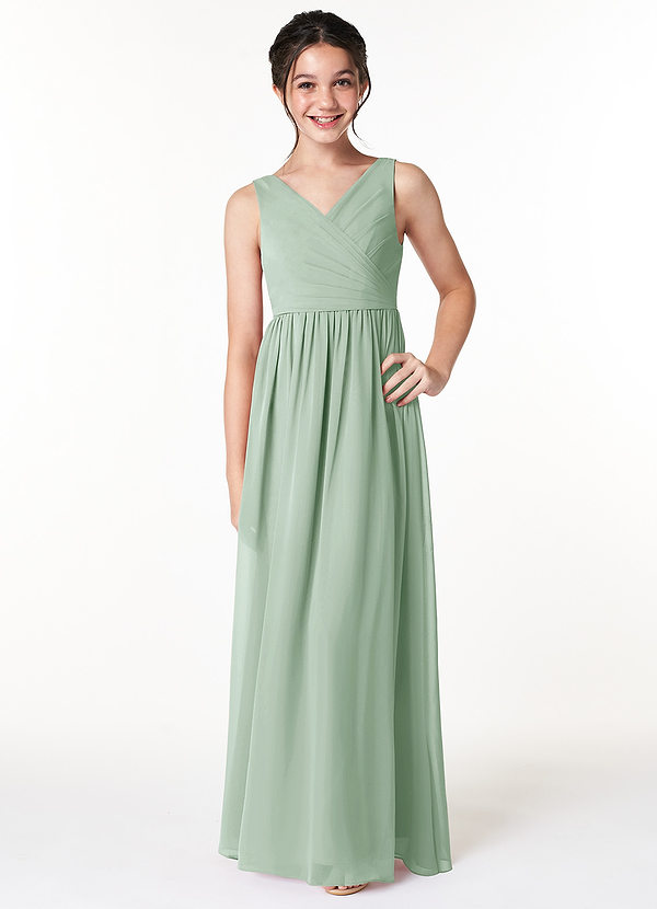 Azazie Sawyer Junior Agave A-Line Pleated Chiffon Dress image1