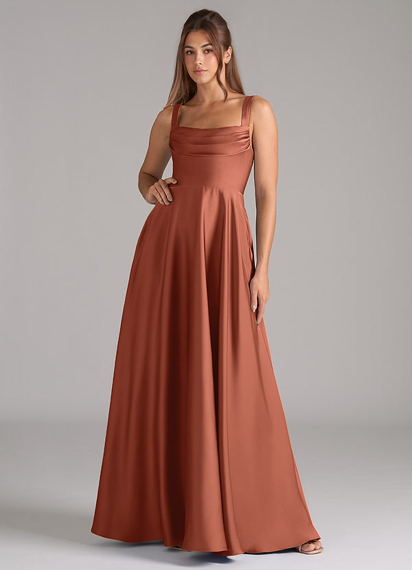 Azazie Shaude Bridesmaid Dresses Clay A-Line Pleated Stretch Satin Dress image1