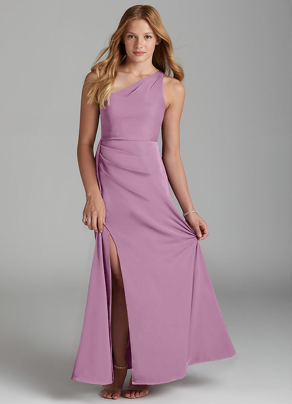 Azazie Maron Junior Wisteria A-Line Pleated Stretch Satin Dress image1