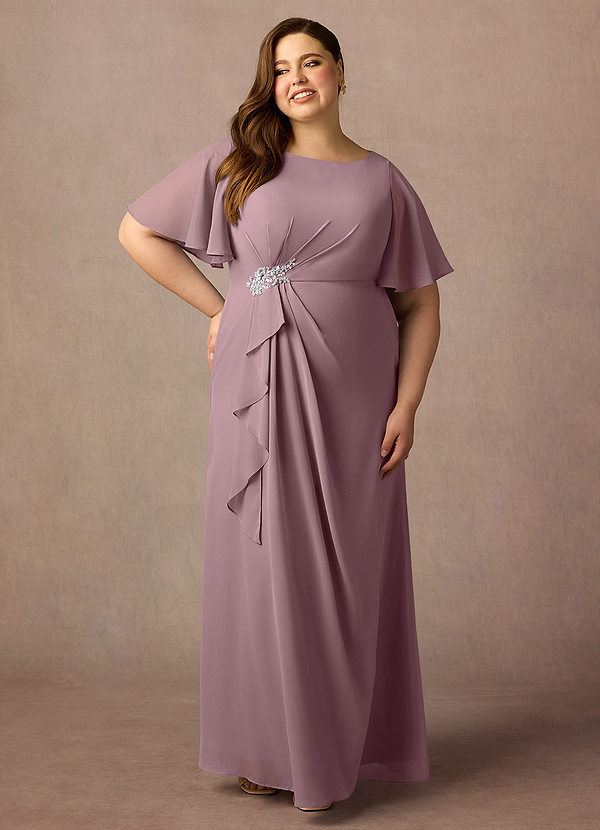 Azazie Rain Brautmutterkleider Etui Mit Perlen Chiffon Kleid Altrosa image1