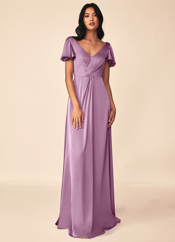Azazie Soren Bridesmaid Dresses Wisteria A-Line Pleated Stretch Satin Dress image1